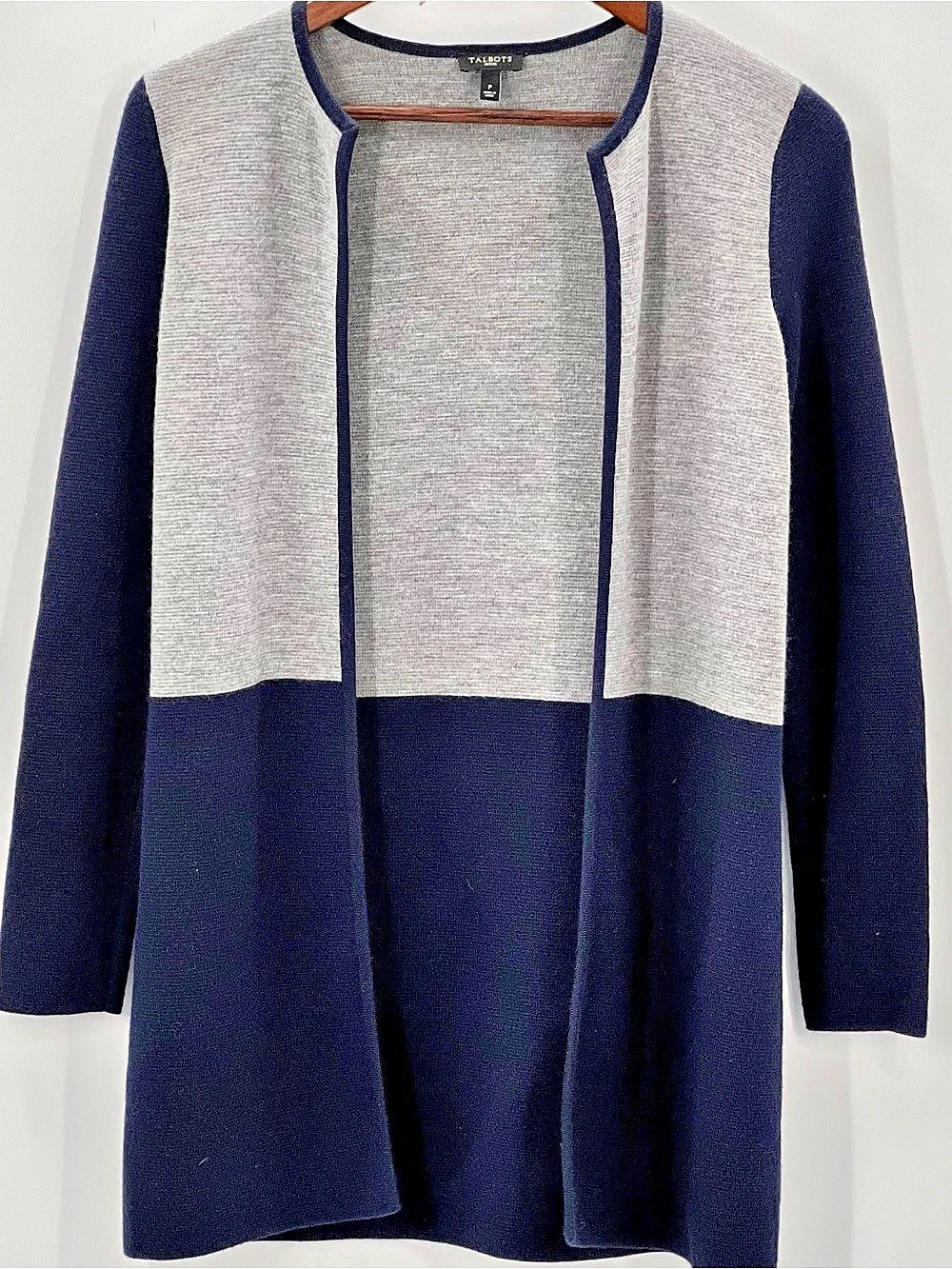 492 Talbots Merino Blend Colorblock Sweater Jacket Blue & Gray Petite